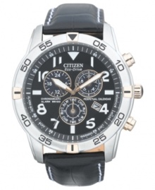 A technical marvel, from Citizen. This Perpetual Calendar Chronograph timepiece is crafted from the finest materials and built with exact precision. Powered by Eco-Drive, harnessing natural and artificial light, never needing a battery.