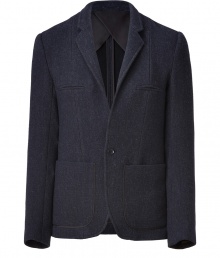 An ultra cool take on the classic blazer, Eduns wool twill jacket is a contemporary staple with endless pairing possibilities - Notched micro-lapel, long sleeves, double slit chest pockets, black trimmed patch pockets, single button closure, double back vents - Contemporary straight fit - Team with everything from jeans and tees to sleek button-downs and tailored trousers