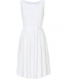 Intricately embroidered with sweet white daisies, Collette Dinnigans 50s style silhouette is an elegant choice for your dressy daytime affairs - Round neckline, thick straps, tonal flat velvet bow sash, hidden side zip - Fitted bodice, full skirt - Wear with heels and a chain-detailed handbag