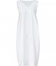 Detailed in crisp white cotton with an impeccable modern cut, Jil Sanders sleeveless dress is both immaculate and modern - V-neckline, sleeveless, side tuck detailing - Loosely draped fit, mid-length - Wear with sleek platform pumps and streamlined leather accessories