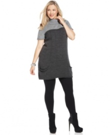 Stay cute in cooler weather with Elementz' plus size sweater dress, featuring a colorblocked pattern.