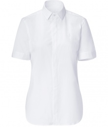 Elegant blouse of fine, white stretch cotton - Feminine and classic narrow waist, with a small collar, concealed placket, short sleeves and rounded seam edges - A favorite for the office, weekends or dressed up for more formal events - Combine with a pencil skirt, capri pants or even dark denim