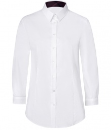 Turn up your cuffs and showcase Burberrys iconic check in this crisp white button-down from Burberry London - Classic collar with checked lining, 3/4 sleeves, buttoned turn-up checked cuffs, button-down front, shirttail hemline - Form-fitting - Wear with everything from jeans and flats to pencil skirts and heels