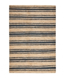 A classic navy blue stripe mingles with neutral tones, creating a casual, care-free area rug from Lauren Ralph Lauren. Hand-knotted of pure jute and natural hemp, the Cliff Stripe rug is as durable as it is smart in style.