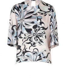 With a vivid flower print and subtle allover reptile-like patterning, Emilio Puccis loose-fitting silk top is as contemporary as it is chic - Allover reptile-like patterned silk, round neckline, wide 3/4 sleeves, slit back with jeweled button closure at nape - Loosely fitted - Wear with solid separates and statement heels