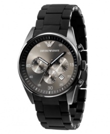 Durable, versatile and stylish, this Emporio Armani watch features a black polyurethane-wrapped stainless steel bracelet and round case. Black chronograph dial with silvertone numerals, logo, date window and three subdials. Quartz movement. Water resistant to 50 meters. Two-year limited warranty.