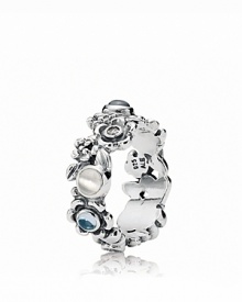 An ornate floral ring in shiny sterling silver from PANDORA, punctuated with polished topaz, moonstone and zirconia cabochons.