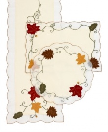 Out of the woods. Sterling Forest placemats combine applique leaves with a soft suede feel and elaborately stitched vines in autumnal hues. Scalloped edges and sheer detail give the set of four an effortless grace. (Clearance)