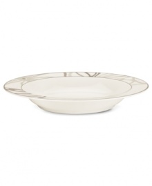 Abstract markings in soft shades of khaki frame this glazed white pasta bowl for unconventional elegance. From Noritake dinnerware, the dishes are trimmed with matte platinum for modern polish on casual and formal tables alike.