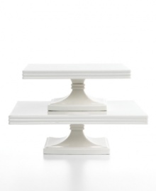 Give cake an edge over other desserts with square stands from Martha Stewart Collection. Featuring a glossy finish, grooved rim and grand pedestal in durable white porcelain, this limited-edition design is a treat for modern entertaining.