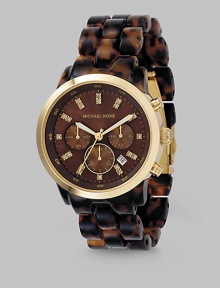 Tortoise shell design adds elegance to a chronograph style with shiny gold IP accents, bringing true luxury just a little bit closer to your wrist. Japanese analog movement Waterproof up to 5 ATM 40mm case with IP (ionic plating) gold elements Chocolate brown mother-of-pearl dial Three chronograph sub dials Round face Stone double indexes Second hand Acrylic tortoise shell bracelet Imported