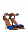 Detailed with black suede trim for a contemporary look, Givenchys colorblocked sandals lend a sleek modern edge to any outfit - Open toe, blue front strap, nude cut-out back counter, ankle strap with silver-toned roller buckle, black suede trim - Stiletto high heel - Wear with a silk tee and full mid-length skirt