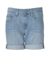 Stylish shorts in fine, pale blue cotton and lyocell blend - Soft, medium weight denim in a whiskered, antique rinse - Roomier, cuffed boyfriend cut sits higher at the waist and hits mid thigh - Classic five-pocket style with large belt loops, zip fly and button closure - A casually cool must in any summer wardrobe - Pair with tunics, t-shirts or silk tops and wedges or leather flats