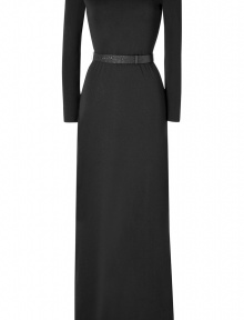 Make a dramatic evening debut in Halston Heritages ultra chic floor length off the shoulder dress - Long sleeves, embellished adjustable belted waistline - Fitted top, softly draped long skirt - Team with sky-high platforms and glamorous accessories