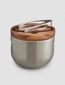 An intriguing marriage of acacia wood and signature 18/10 stainless steel, handcrafted with an inner steel bucket ringed in wood. Includes 18/10 stainless steel tongs Tarnish-resistant steel Hand wash 6W X 8¾H X 8D Imported 