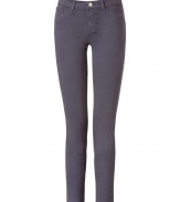 Stylish jean in fine, dark purple cotton stretch denim - Skinny, medium rise capri cut sits comfortably at hips - Classic five pocket style crops above ankles - Zip fly, belt loops and single button closure - Versatile and chic, great for day or evening - Dress up with an oversize silk blouse and platform pumps, or go for a more casual look with a billowy tunic top and leather sandals