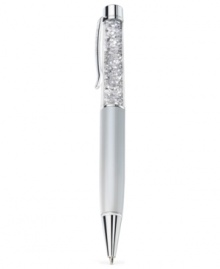 Penmanship with panache. Swarovski's crystalline ballpoint pen is crafted with silver-tone and white pearl-colored details, and features clear crystals for a sparkling touch. Item comes packaged in a velvet pouch. Black ink. Approximate size: 5-3/5 x 3/5 inches.