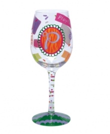 Confetti, streamers and words starting with your initial of choice make Lolita's hand-painted Love My Letter P wine glass a must for Pat, Paula and Peyton. With a signature drink recipe on its base.