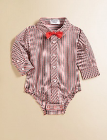 A classic plaid button-down one-piece for your little boy is handsome and sophisticated with a bow tie and bottom snaps for easy on and off.Shirt collarLong sleeves with button cuffsButton-frontBottom snapsCottonMachine washImported Please note: Number of buttons/snaps may vary depending on size ordered. 