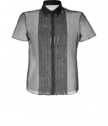 Ultra delicate and equally feminine, Jil Sander Navys sheer silk top is a cool choice for work to cocktails chic - Cutaway collar, short sleeves, pleated button-down front, sheer - Relaxed boxy fit - Team with a lacy camisole and sleek tailored separates for work