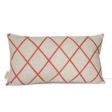 Shimmering beads amidst an orange printed trellis dress up this decorative pillow.