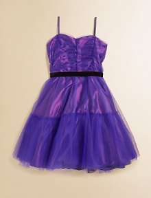 She'll be a heartbreaker in this gorgeous tulle party dress with ruched-detail bodice and twirly full skirt.Sweetheart necklineSpaghetti strapsRuched bodiceVelvet waist sashBack zipperFull skirtAbove the knee lengthFully linedPolyester over nylonDry cleanMade in USA of imported fabricAdditional InformationKid's Apparel Size Guide 