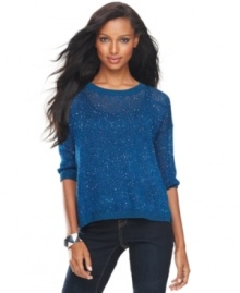 Dazzle from day to night with INC's three-quarter-sleeve sweater, featuring a sequined finish!