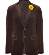 Infused retro-inspired sophistication with this slim cut velvet blazer from Etro - Notched lapels, two-button closure, single chest pocket, decorative flower pin at lapel, flap pockets at waist, double back vent, paisley lining - Pair with slim trousers or jeans, a button down, and brogues