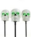 Dig up something truly scary to greet Halloween goblins and ghosts. Skull lawn spikes do the trick with a sparkling silver finish and glowing eyes to light your lawn.