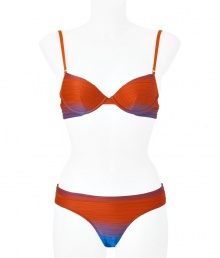 As stylish as it is sophisticated, La Perlas vibrant, viscose blend bikini is guaranteed to turn heads - Lush in rich shades of deep orange and blue - Underwire top clasps at back - Brief sits comfortably at hips and offers modest coverage - Feminine and sexy, a must for your next getaway or for anytime spent poolside - Pair with a caftan and wedges or leather sandals