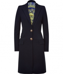 Sophisticated style is effortlessly achieved with this elegant long coat from Emilio Pucci - Notched lapels, two-button closure, long sleeves, flap pockets at waist, back vent - Wear with a pencil skirt and a blouse or with jeans and a cashmere pullover