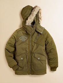 Warm, rugged and super-cool, this cargo-style coat sports a removable hood with faux-fur trim.Detachable hood with snap closureStand collarZip frontLong sleeves with ribbed cuffsZip chest pocketFlap side pocketsCotton; polyesterMachine washImported