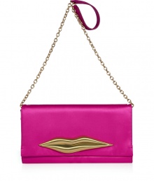 A classic DVF style filled with sartorial sass, this satin lip clutch is a statement accessory guaranteed to amp up your outfit - Flap with matte gold-toned lip embellishment, magnetic snap underneath, removable chain and satin shoulder strap, inside zippered back wall pocket - Carry with printed day dresses or flirty cocktail sheaths with just as bright heels