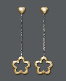 Perfect your look in precision design and petite femininity. Giani Bernini earrings highlight cut-out flower drops and puffed heart posts. Crafted in 24k gold over sterling silver. Approximate drop: 1-1/2 inches.