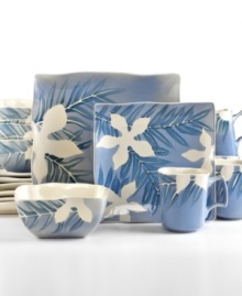 A collection of tropical floral and leaf silhouettes are set in a light blue reactive glaze in the Spring Grove dinnerware set, creating a refreshing design from Gibson in durable stoneware.