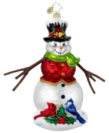 Tis' the season for friendly gatherings in this handcrafted ornament from Christopher Radko. A snowman complete with a winter outfit bonds with a duo of sweet birds for touch of winter cheer.