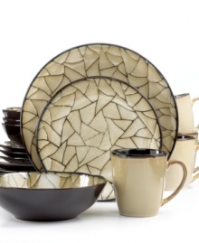 Warm earthtones unite with a fragmented mosaic, imbuing your table with richness and character. Organic in feel, this striking dinnerware coordinates beautifully with a wide array of table settings. By Gibson.