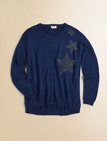 Wishing on a star is easy when she's wearing this cozy cardigan with hi-lo hem and an out-of-this-world embellishment.CrewneckLong sleevesButton-frontHi-lo hem60% rayon/40% cottonMachine washImported Please note: Number of buttons may vary depending on size ordered. 