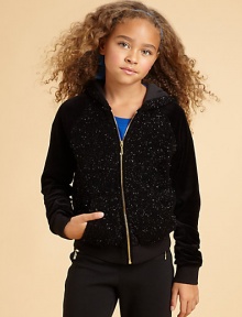 Add a little sparkle to playtime with shimmering specks on the front, back and hood of this cozy hoodie.Attached hoodZip front with J pullLong plain sleeves with ribbed cuffsRibbed waistAngled front pocketsJuicy heart charm near hemCotton jersey liningPolyesterHand washImported