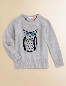 Knit right into this luxurious cashmere pullover is a wise owl with big blue eyes that gaze intently.Ribbed crewneckLong raglan sleeves with ribbed cuffsRibbed hemCashmereDry cleanImported