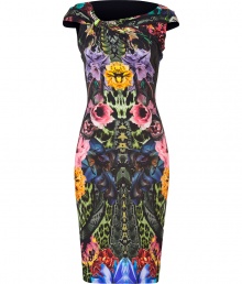 A bold abstract floral print covers this ultra-flattering dress from Roberto Cavalli - Bateau neck with jewel-embellished detail and draping at bodice, cap sleeves, fitted silhouette, all-over mixed floral print - Pair with a slim trench, an embellished clutch, and platform pumps