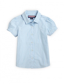 Playful gingham in a classic button-front design with an anchor-lined point collar.Button front Short puffed sleeves Embroidered whale logo 98% cotton/2% XLA; machine wash ImportedPlease note: Number of buttons may vary depending on size ordered. 