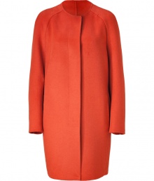 Simple, elegant, and exquisitely luxurious, Akris red-orange cashmere coat is an immaculate choice guaranteed to take you through the seasons in sophisticated style - Rounded neckline, long sleeves, button-down front, front slit pockets - Easy straight silhouette - Team with tailored separates and chunky statement jewelry