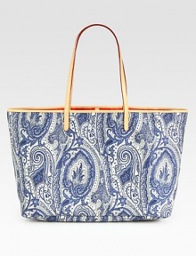 A timeless paisley print lends classic charm to this canvas design with leather handles and a convenient, removable change purse. Leather double strapsTwo inside pocketsOne inside zip pocketChange purse includedFully lined15¾ W x11 H x6 D64% PVC/36% cotton; leather strapsMade in Italy