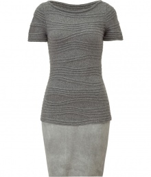 Coupling rich, textured knits with sleek and supple suede, Jitroiss trompe loeil grey combo dress is polished to perfection - Fitted wool bodice extends just below hips and features a flattering boat neck, short sleeves and an elegant wool wave knit - Curve-hugging pencil-style lambskin skirt hits above the knee - Pair with platform pumps, kitten heels or ankle booties