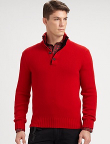 Expert craftsmanship combined with luxurious fabrics lends a refined finish to a classic pullover sweater, crafted from rich Italian cashmere with a mockneck and a four-button placket for a modern finish.Four-button placketMockneckRibbed knit collar, cuffs and hemCashmereDry cleanImported of Italian fabric