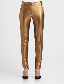 Stretch-leather leggings with a glossy metallic finish and convenient slash pockets. THE FITMedium rise, about 9Inseam, about 30THE DETAILSTab closureZip flyFront slash pocketsFully linedLeatherDry clean with leather specialistImported of Italian fabricModel shown is 5'9 (175cm) wearing US size 4.