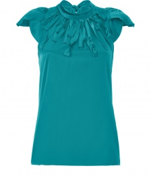 Raise the bar on contemporary classics with Steffen Schrauts elegant turquoise silk stretch top -  Butterfly cap sleeves and decorative fringe trim at neckline - Small stand up collar ties at back with an oversize bow - Fitted, feminine silhouette tapers gently through waist - Pair a blazer or denim jacket and style with with pencil skirts, skinny denim or dress trousers