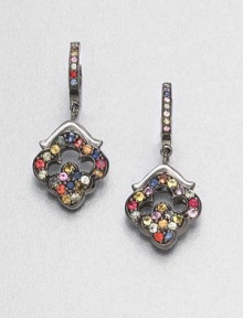 A rainbow of richly hued sapphires in an open quatrefoil-shaped design hangs from a stone-set hoop.SapphiresBlack rhodium-plated sterling silverLength, about 1PiercedImported