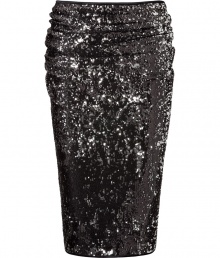 Ultra-luxe black and sequin skirt from Donna Karan - This sleek skirt adds instant glamour to your cocktail look - Figure-hugging silhouette, all-over sequin embellishment, and flattering draped detail- Wear with opaque tights, a simple top, and sky-high heels